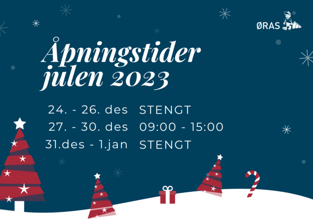 julemotid med teksten: Åpningstider julen 2023: 24. til 26. desember stengt, 27. til 30 desember kl 9 til 15, 31. des til 1. jan stengt